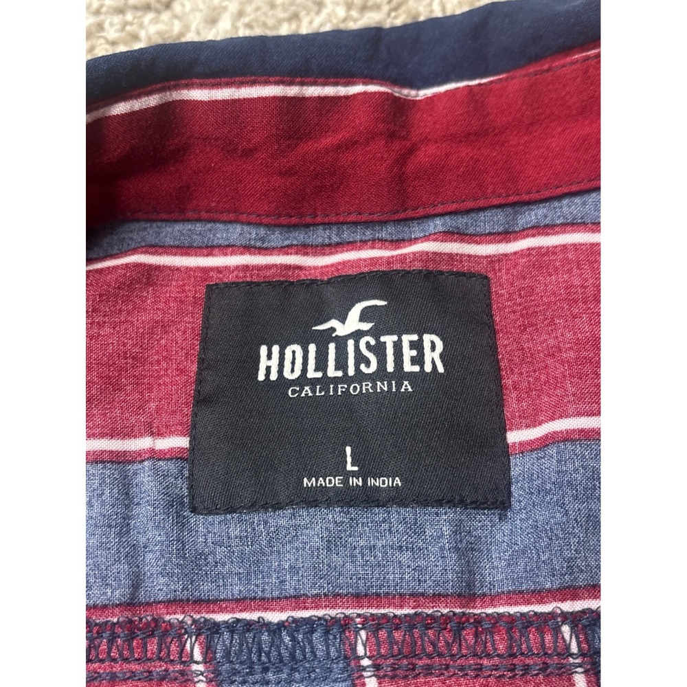 Hollister Mens Large Red Navy Striped Short Sleeve Viscose Button Down Shirt - Picture 2 of 9